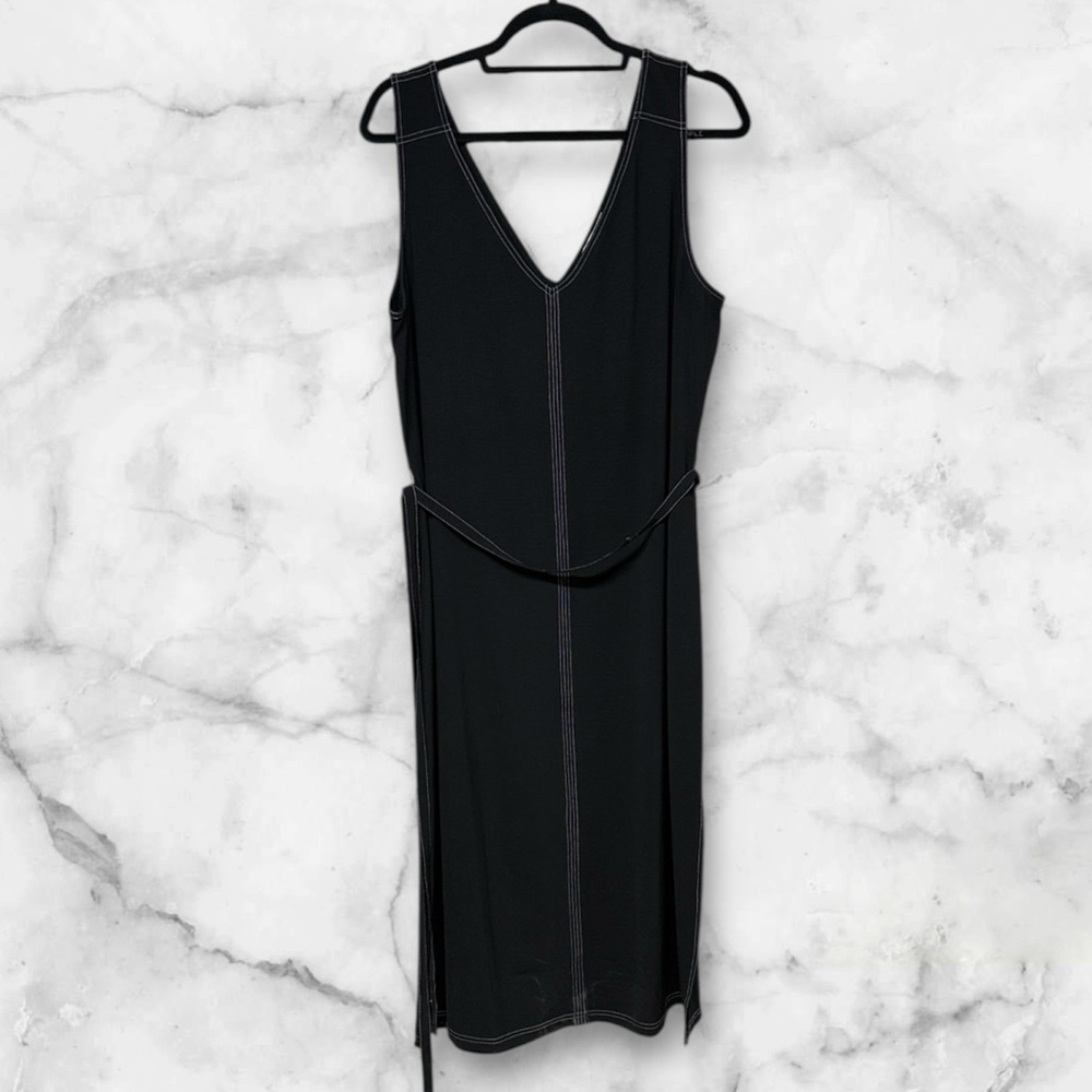 Nine Britton Black Midi Dress sleeveless belted slits on both sides large LBD